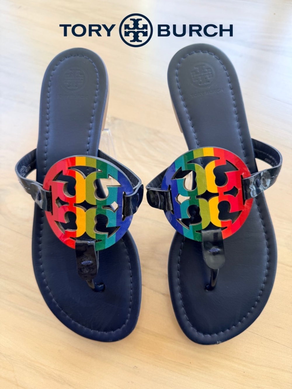Rare TORY BURCH Blue Sandals with Rainbow Logo Medallions- Pride Sz 9.5